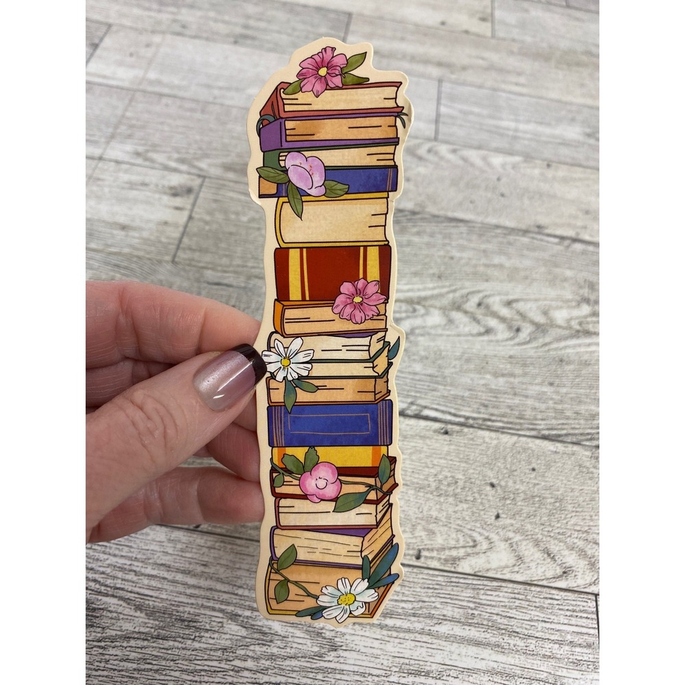 Stacked Books Floral Die-Cut Bookmark - Cottagecore Whimsical Library Reader